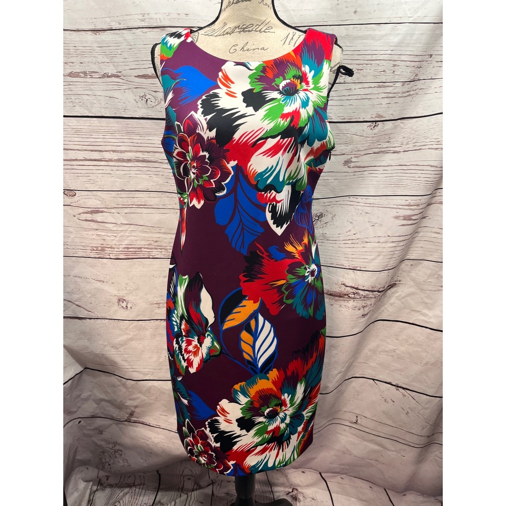 Calvin Klein Womens Floral Sheath Dress Purple Multicolor Sleeveless Size 12